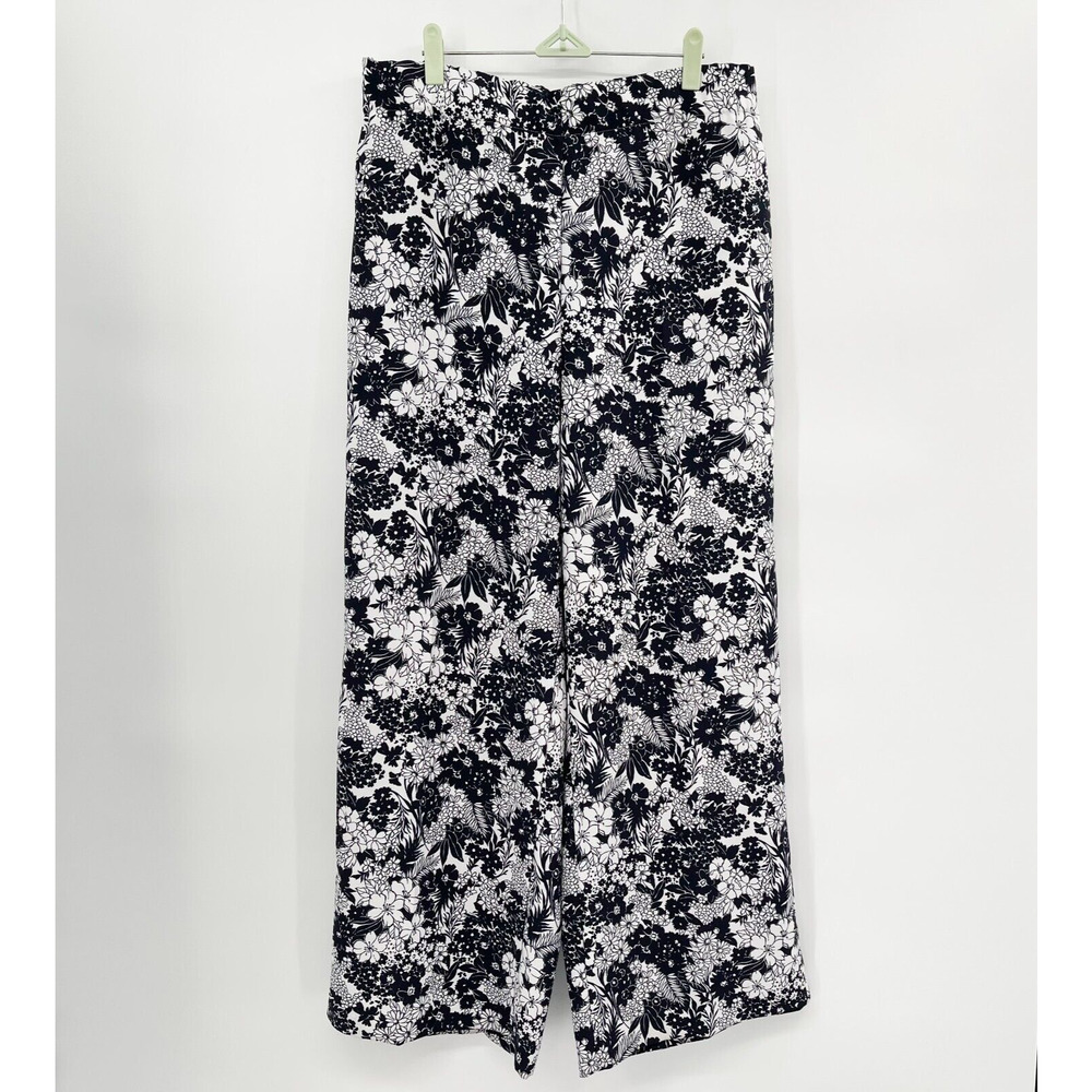 Ann Taylor Floral Wide Leg Pants Black White Size L Elastic Waist Pull On
